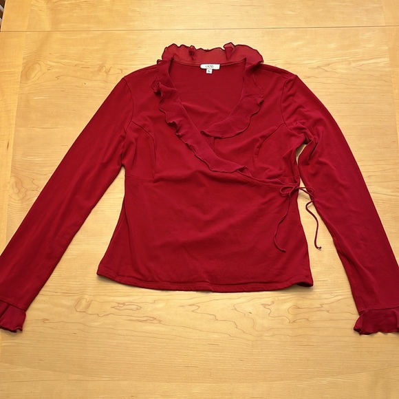 Cache Red Faux Suede Surplice Wrap Top with Ruffle Trim Sz L - Picture 4 of 12